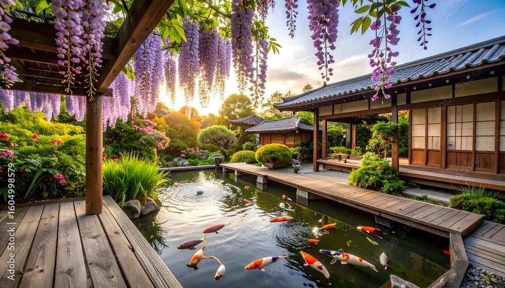 Fototapeta premium Koi glide in a Japanese garden pond