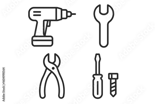 Outline illustrations of drill, wrench, pliers, screwdriver, and screw