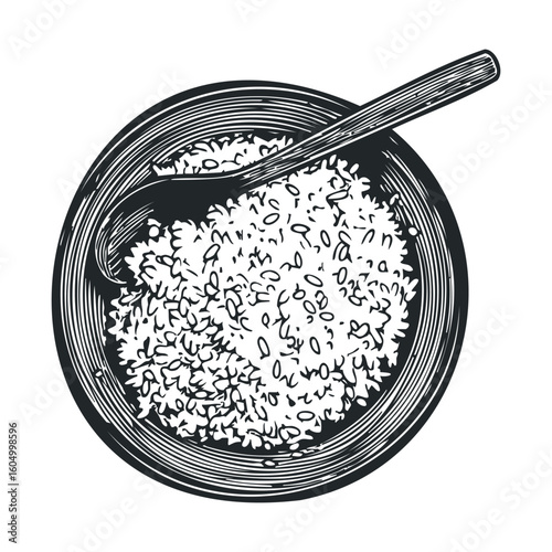 Hand-drawn black and white illustration of rice in bowl with spoon