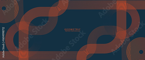 Modern abstract dark blue banner background with orange circle lines. Geometric stripe line art design. Minimalist element.
