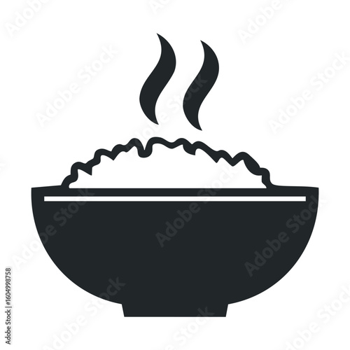 Simple black and white icon of a steaming bowl of rice