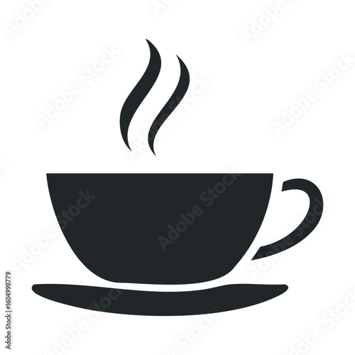 Steaming coffee cup silhouette with saucer on white background