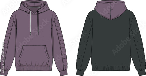 Technical fashion flat sketch of a contemporary unisex hoodie featuring quilted details on the sleeves, a front kangaroo pocket, and adjustable drawstrings, showing 