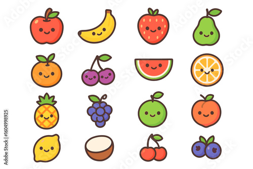Cute kawaii fruit characters with smiling faces