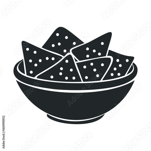 Silhouette of nachos in a bowl: snack icon in black and white