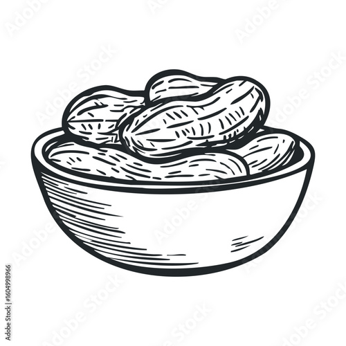 Black and white illustration of bowl filled with peanuts