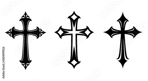 Ornate Christian Cross with Decorative Elements in Black and White Vector Art