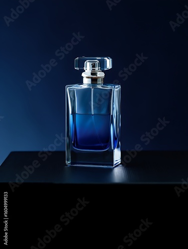 Elegant glass perfume bottle with blue liquid and silver accents image