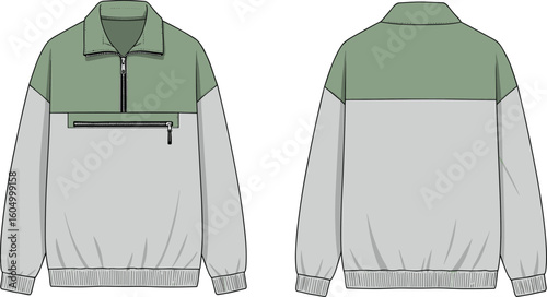 Technical fashion flat sketch of a men's stylish two-tone quarter-zip sweatshirt featuring a contemporary stand-up collar and practical front patch pocket, ideal for activewear design.