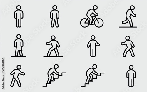 People figures cycling walking climbing stairs icons