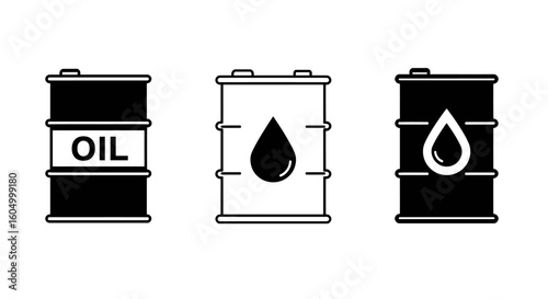 Black and white vector illustration of oil barrels with oil drop symbol