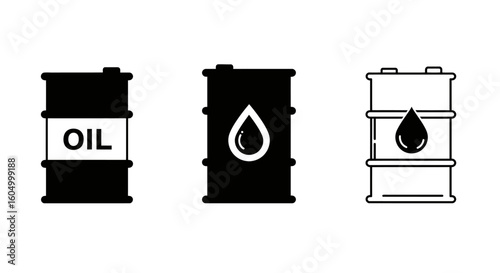 Oil Barrel Icons Set Black and White Crude Oil Industry Concept