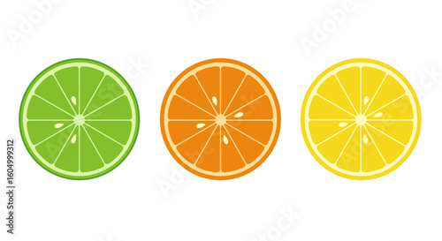Vibrant citrus fruit slices lime orange and lemon on a white background