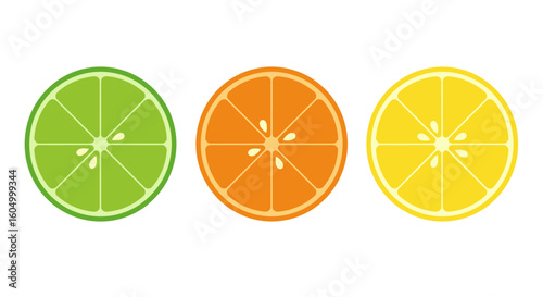 Three citrus fruit slices lime orange and lemon in a simple vector style