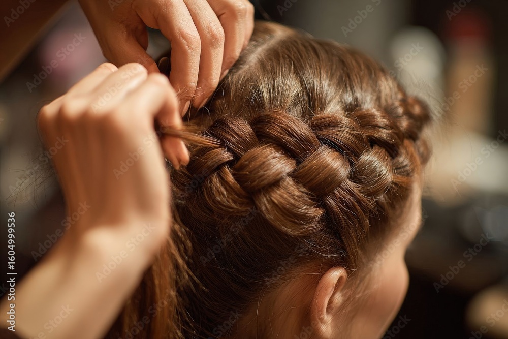 Close-up of a hairdresser's hands crafting a French braid on a woman in a beauty salon, with a softly blurred background, highlighting the art of hairstyling. Close-up of a hairdresser's hands crafting a French braid on a woman in a beauty salon, with a softly blurred background, highlighting the art of hairstyling.