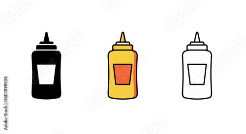Mustard bottle icon set in color black and white outline styles