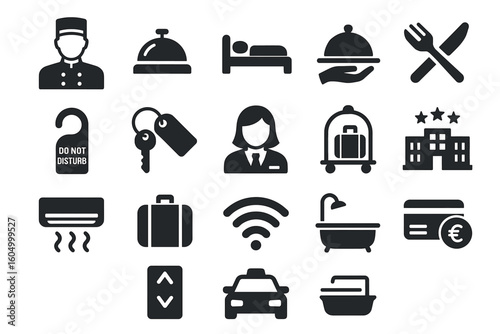 Hospitality icons set featuring hotel services and amenities symbols