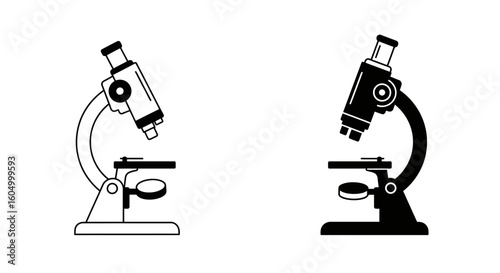 Two microscope icons one in black and white science and research