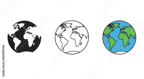 Earth Globe Icons in Black Outline and Color Illustration on White Background