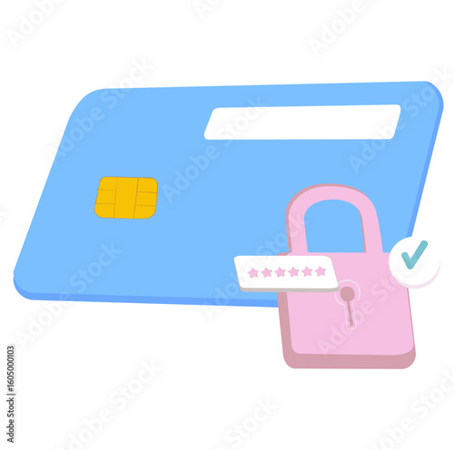Blue credit card next to unlocked pink padlock, safe online payment concept.