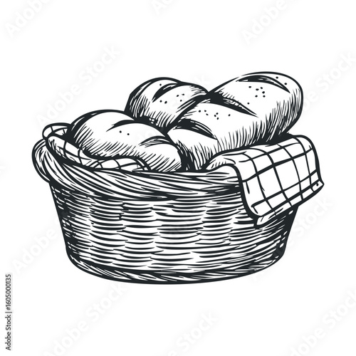 Hand-drawn basket of freshly baked bread with checkered cloth