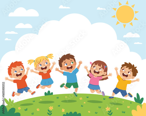 Cheerful diverse kids jumping with joy on a sunny green meadow under a bright blue sky with fluffy clouds, happy childhood moments and outdoor fun.