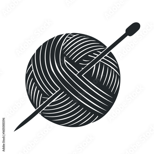 Black and white yarn ball with knitting needle icon for crafting enthusiasts