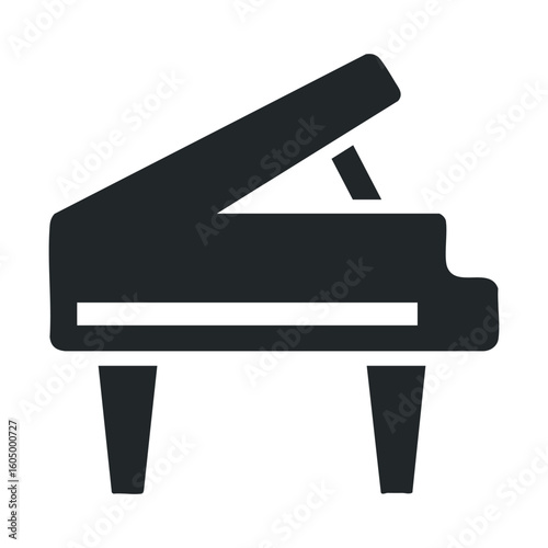 Minimalist black grand piano icon on white background