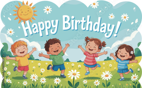 Happy Birthday celebration with cheerful diverse kids playing outdoors in a sunny field of daisies, bright joyful scene, childhood fun and party greetings.