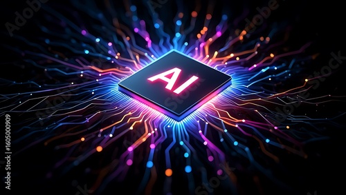 Wallpaper Mural Glowing ai chip with vibrant energy streams on a dark background Torontodigital.ca