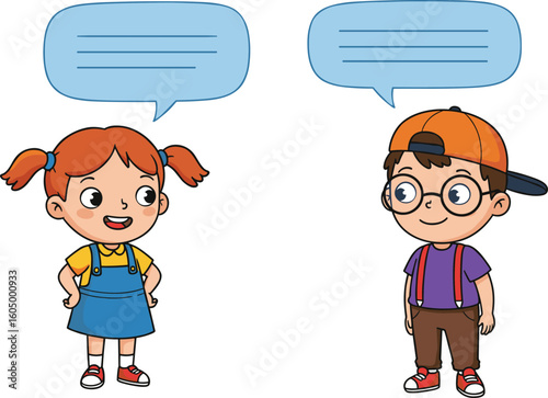  A cute cartoon boy and girl, with speech bubbles above their heads, engaged in conversation, communication, or dialogue, perfect for representing discussion, learning, or social interaction.