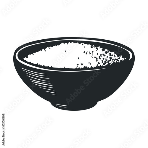 Monochrome vector bowl of granulated salt in black and white