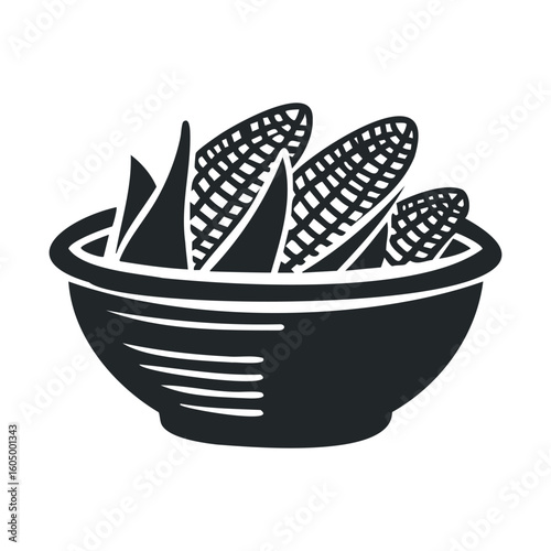 Stylized graphic of corn cobs in a bowl with simplistic line art design