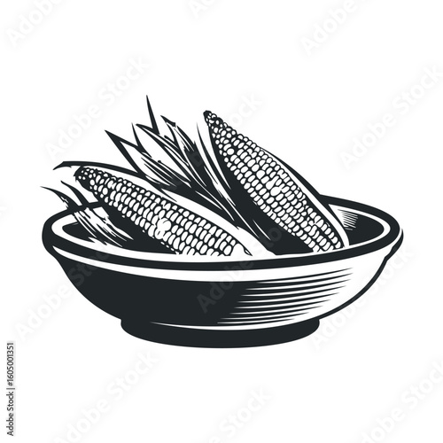 Black and white illustration of corn cobs in a bowl