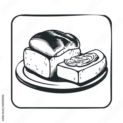 Sketch of sliced bread loaf on plate - black and white illustration