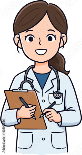 A medical doctor taking notes on a clipboard with a stethoscope.