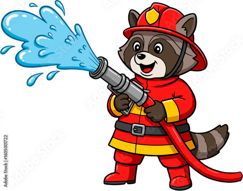 A brave raccoon in a firefighter outfit, skillfully wielding a water hose.