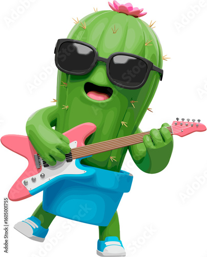 A cactus character playing electric guitar with sunglasses.