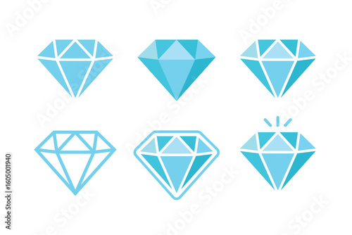 Blue Diamond Icons Set – Geometric Gemstone Vector Collection