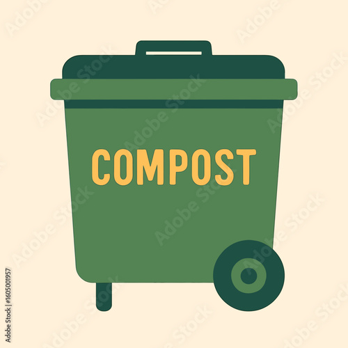 Green compost bin with label for environmentally friendly waste  