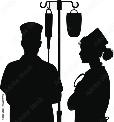 Black silhouette of two medical professionals with I V drip