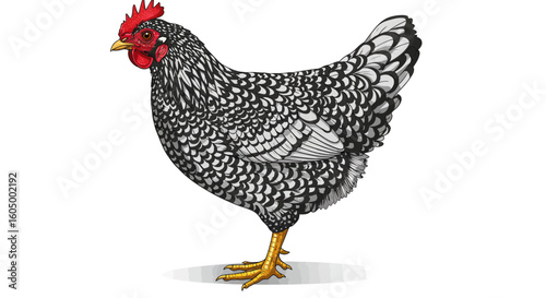 Striking silver laced Wyandotte chicken, a beautiful heritage breed poultry illustration for rural themes