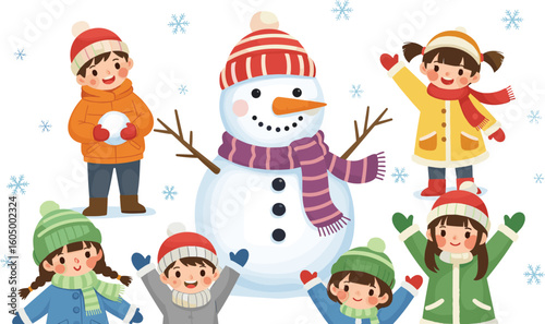 Cartoon children playing in snow around snowman with striped hat and scarf, winter clothes and snowflakes, vector illustration isolated