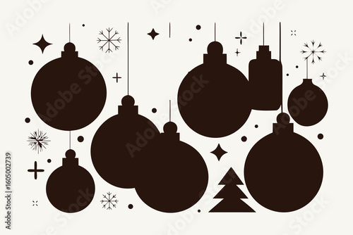 Dark brown Christmas baubles and festive icons on cream background