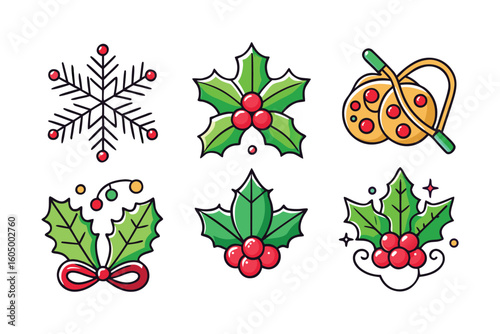 Christmas icons snowflake holly berries and baubles