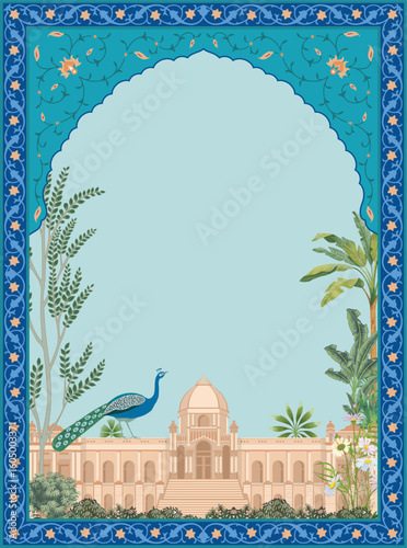 Mughal home decor living room illustration. Indian Rajasthani Art, Mural wall for Living Room, Canvas, Painting Art.