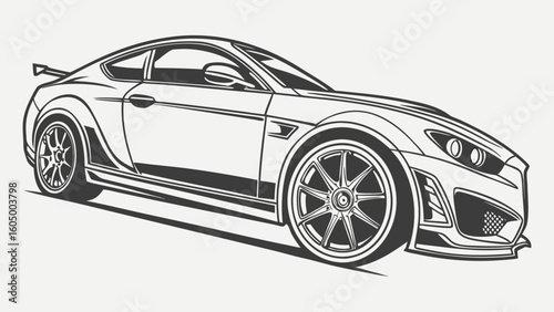 Detailed line art illustration of a sleek sports car with custom rims and rear spoiler design style