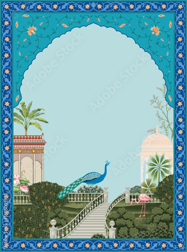 Mughal home decor living room illustration. Indian Rajasthani Art, Mural wall for Living Room, Canvas, Painting Art.