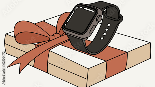 A smart watch rests atop a nicely wrapped gift box with a ribbon tied around it in a decorative bow