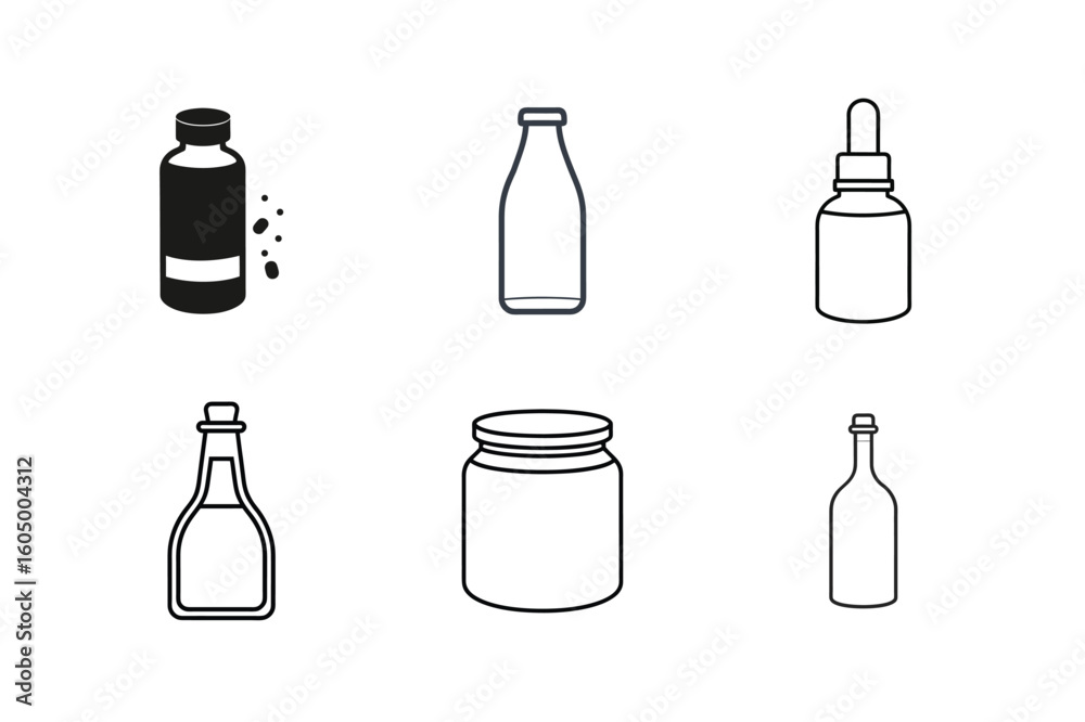 Fototapeta premium Outline and Solid Bottle Icons for Packaging and Storage